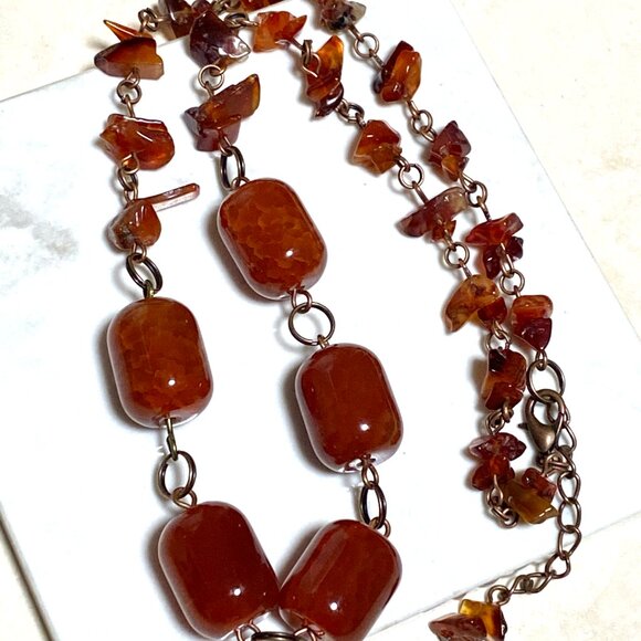 Genuine Burnt Orange Snakeskin Agate Bib Necklace, Large Gemstone & Copper Links - Picture 8 of 13